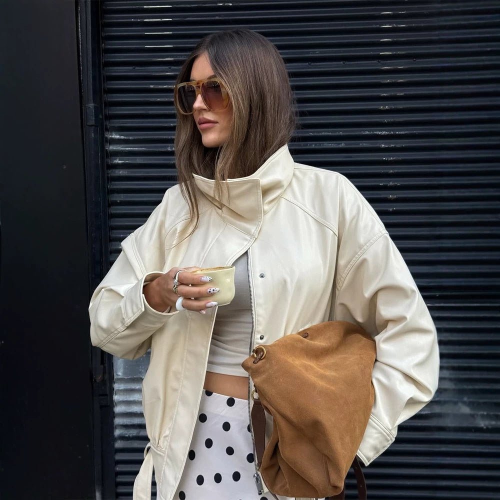 Women Oversized Faux Leather Jacket with High Stand-Up Collar and Drawstring Chichicherry - Chichicherry