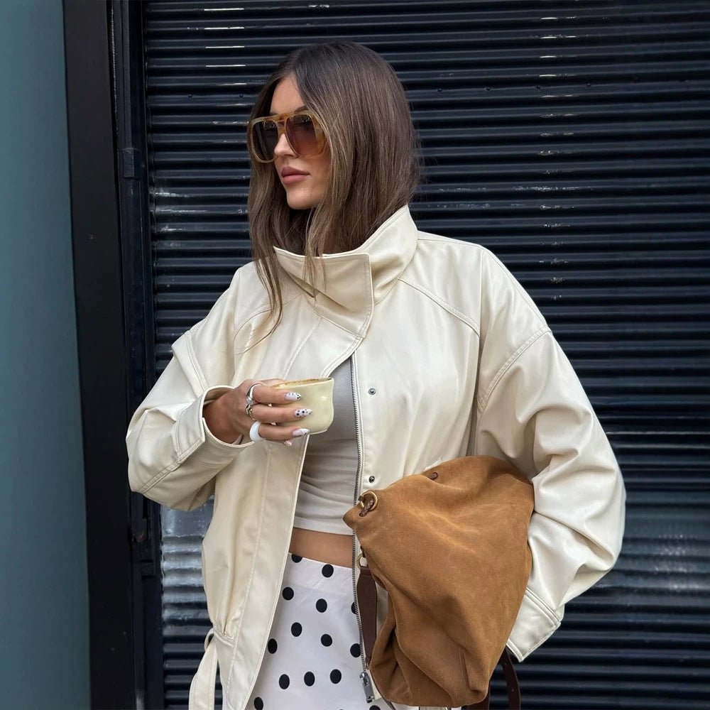Women Oversized Faux Leather Jacket with High Stand-Up Collar and Drawstring Chichicherry - Chichicherry