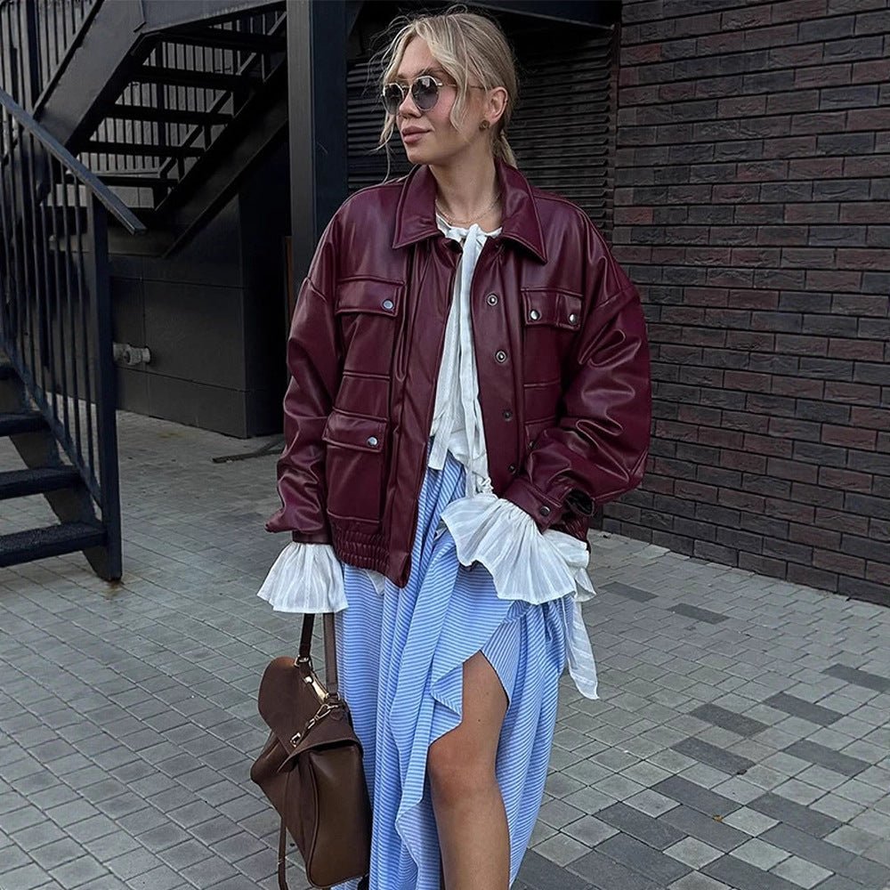 Women Oversized Faux Leather Jacket with Placket Snap Pockets and Elastic Hem Chichicherry - Chichicherry