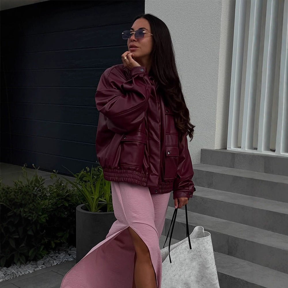 Women Oversized Faux Leather Jacket with Placket Snap Pockets and Elastic Hem Chichicherry - Chichicherry