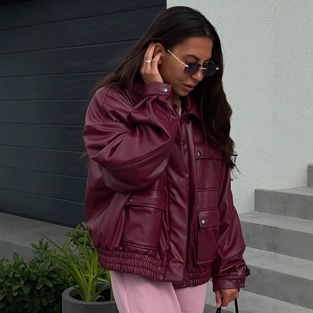 Women Oversized Faux Leather Jacket with Placket Snap Pockets and Elastic Hem Chichicherry - Chichicherry