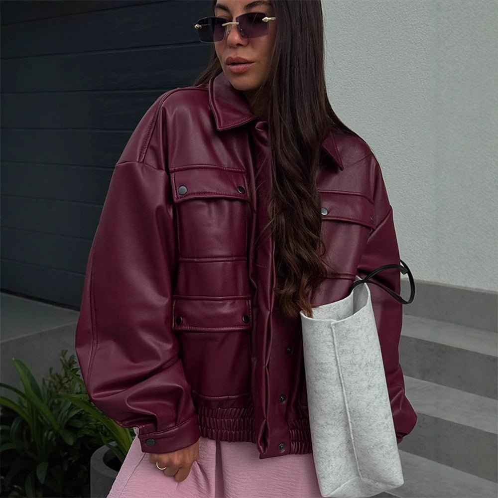 Women Oversized Faux Leather Jacket with Placket Snap Pockets and Elastic Hem Chichicherry - Chichicherry
