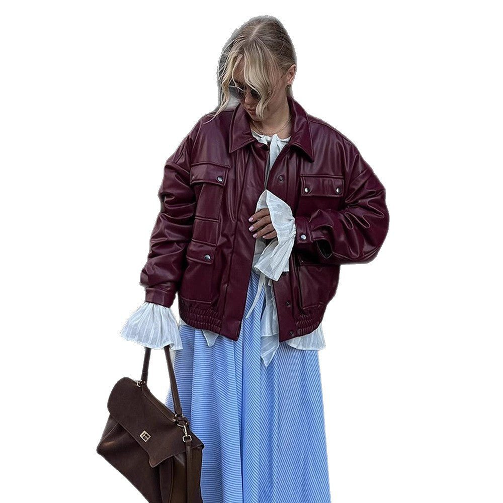 Women Oversized Faux Leather Jacket with Placket Snap Pockets and Elastic Hem Chichicherry - Chichicherry