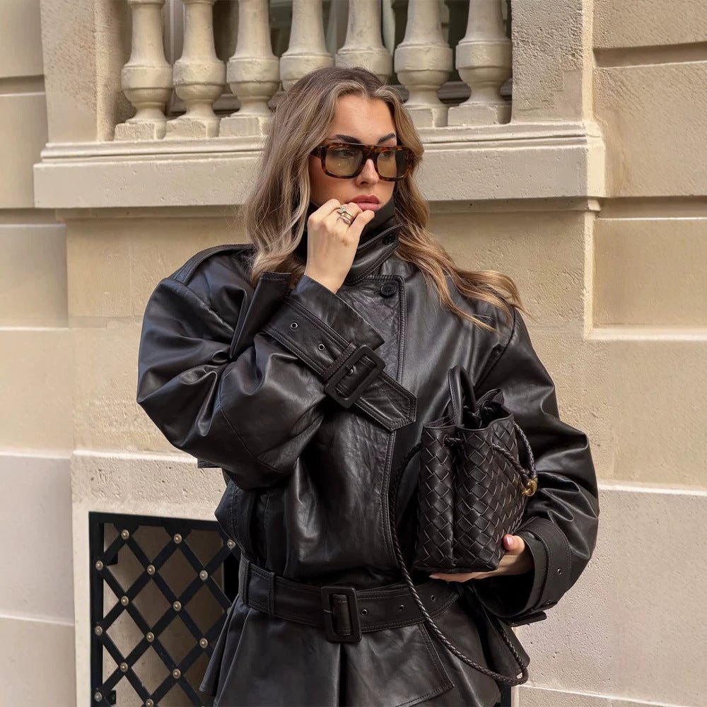 Women Oversized Leather Trench with Wide Waist Belt, Buckle Sleeves and Stand Collar Chichicherry - Chichicherry