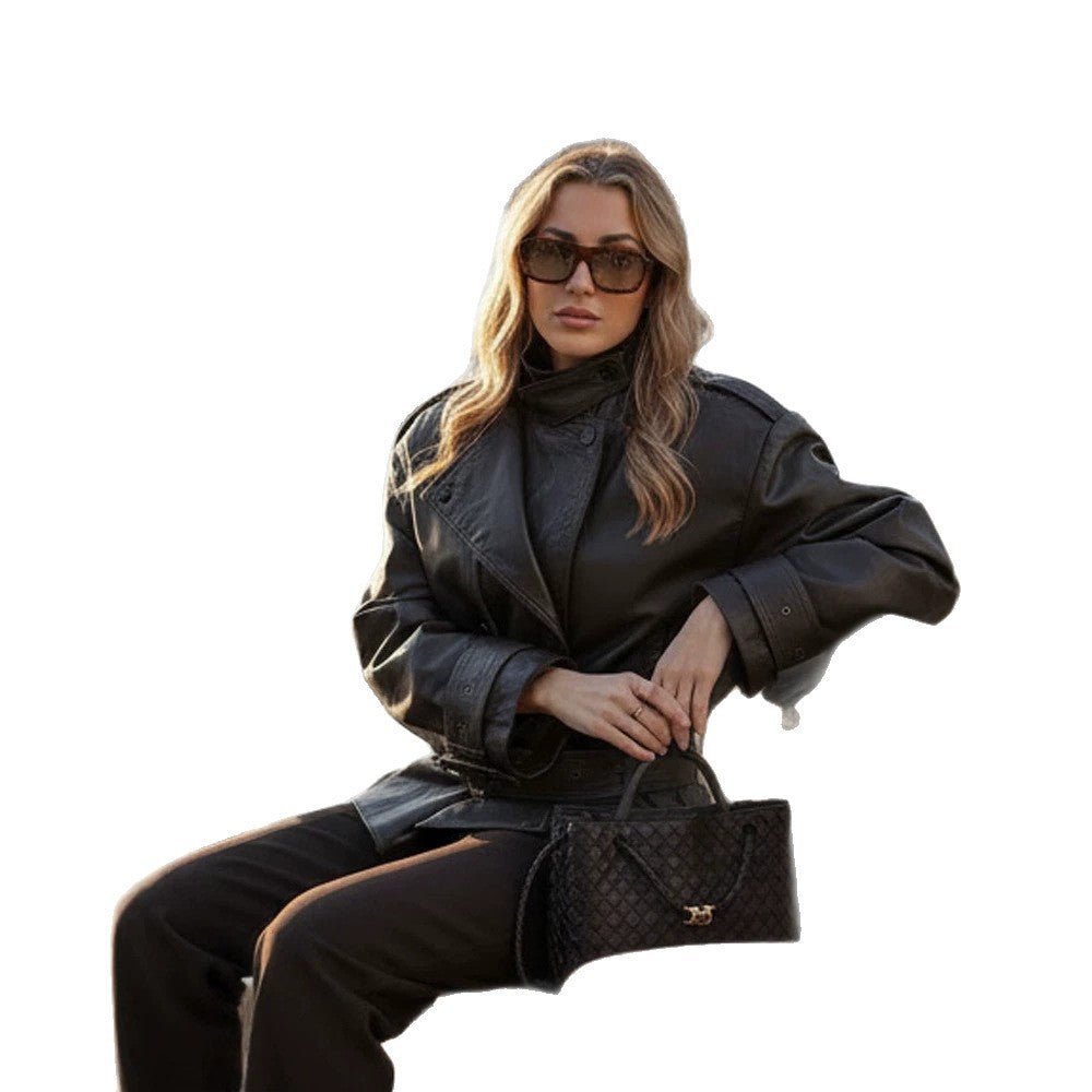 Women Oversized Leather Trench with Wide Waist Belt, Buckle Sleeves and Stand Collar Chichicherry - Chichicherry