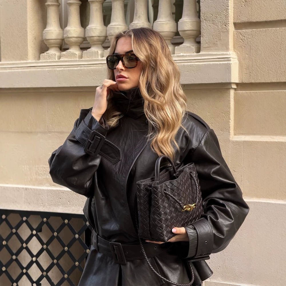 Women Oversized Leather Trench with Wide Waist Belt, Buckle Sleeves and Stand Collar Chichicherry - Chichicherry