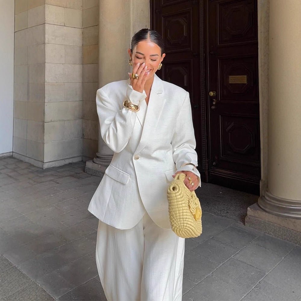 Women Oversized Linen Blazer with Structured Shoulder and Tailored Hem Chichicherry - Chichicherry