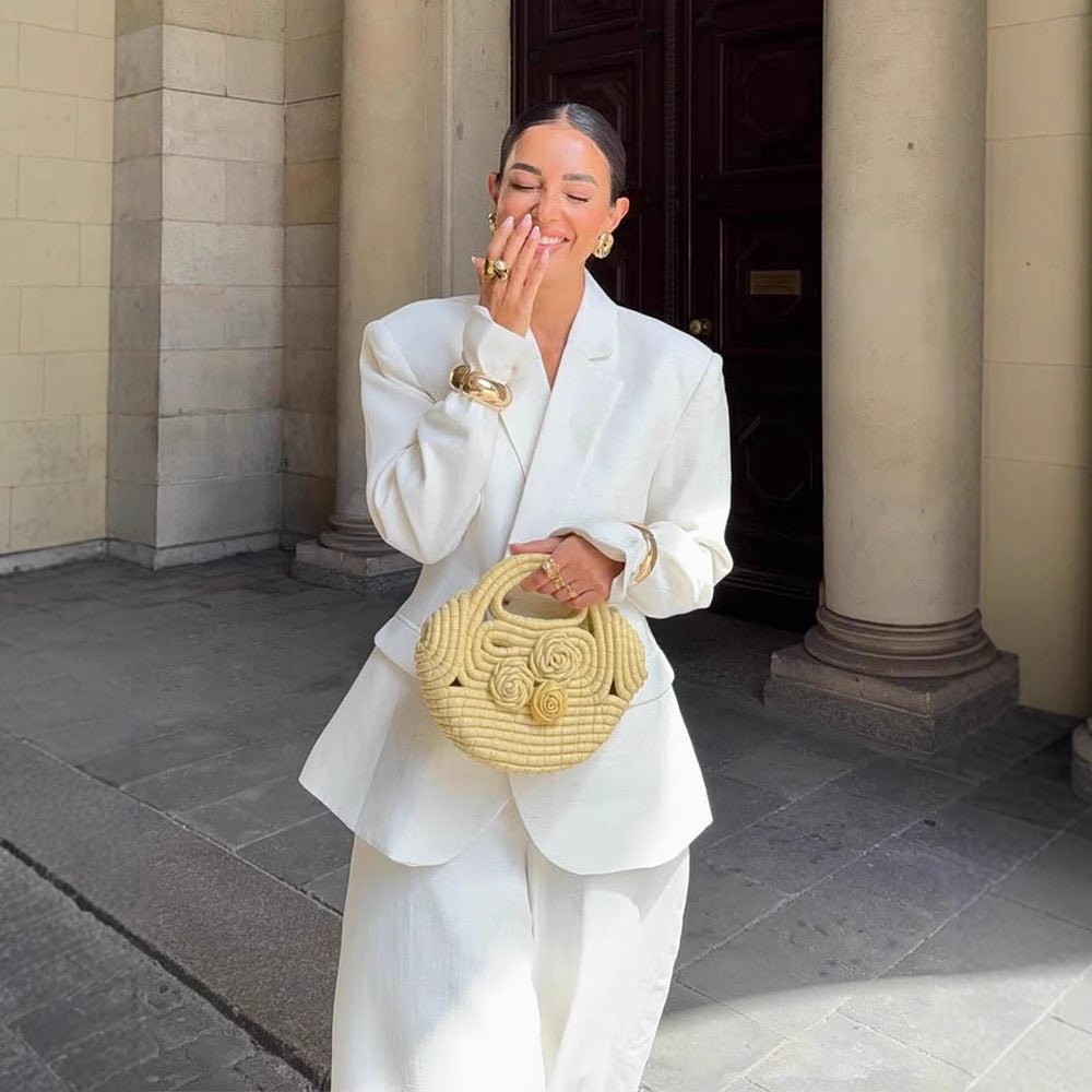 Women Oversized Linen Blazer with Structured Shoulder and Tailored Hem Chichicherry - Chichicherry