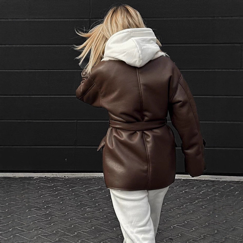 Women Oversized Sheepskin Imitation Coat with Contrasting Shawl Collar and Tied Belt Chichicherry - Chichicherry