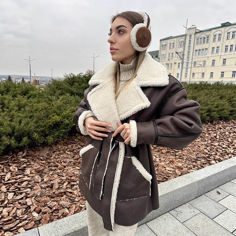 Women Oversized Sheepskin Imitation Coat with Contrasting Shawl Collar and Tied Belt Chichicherry - Chichicherry