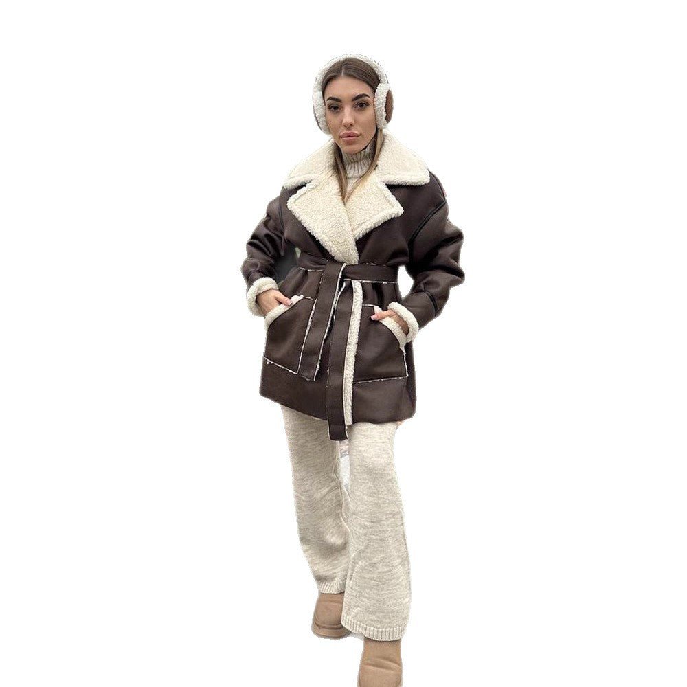 Women Oversized Sheepskin Imitation Coat with Contrasting Shawl Collar and Tied Belt Chichicherry - Chichicherry
