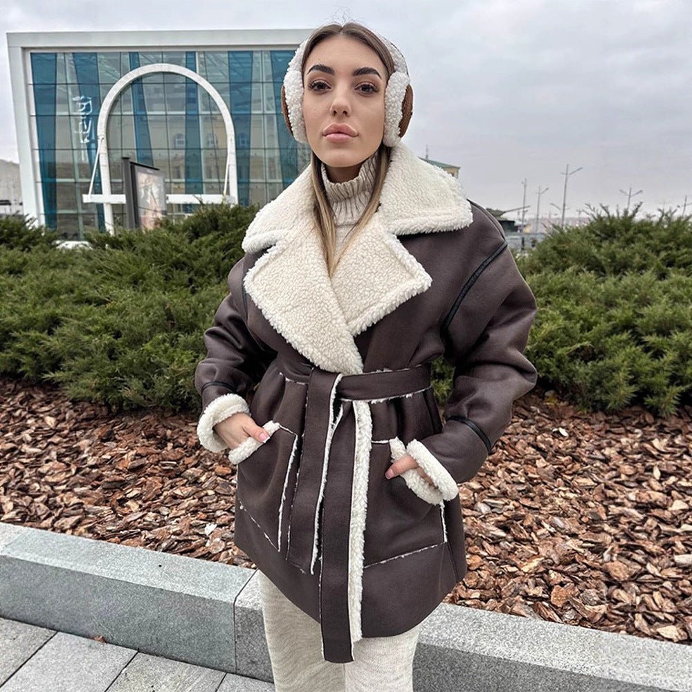 Women Oversized Sheepskin Imitation Coat with Contrasting Shawl Collar and Tied Belt Chichicherry - Chichicherry