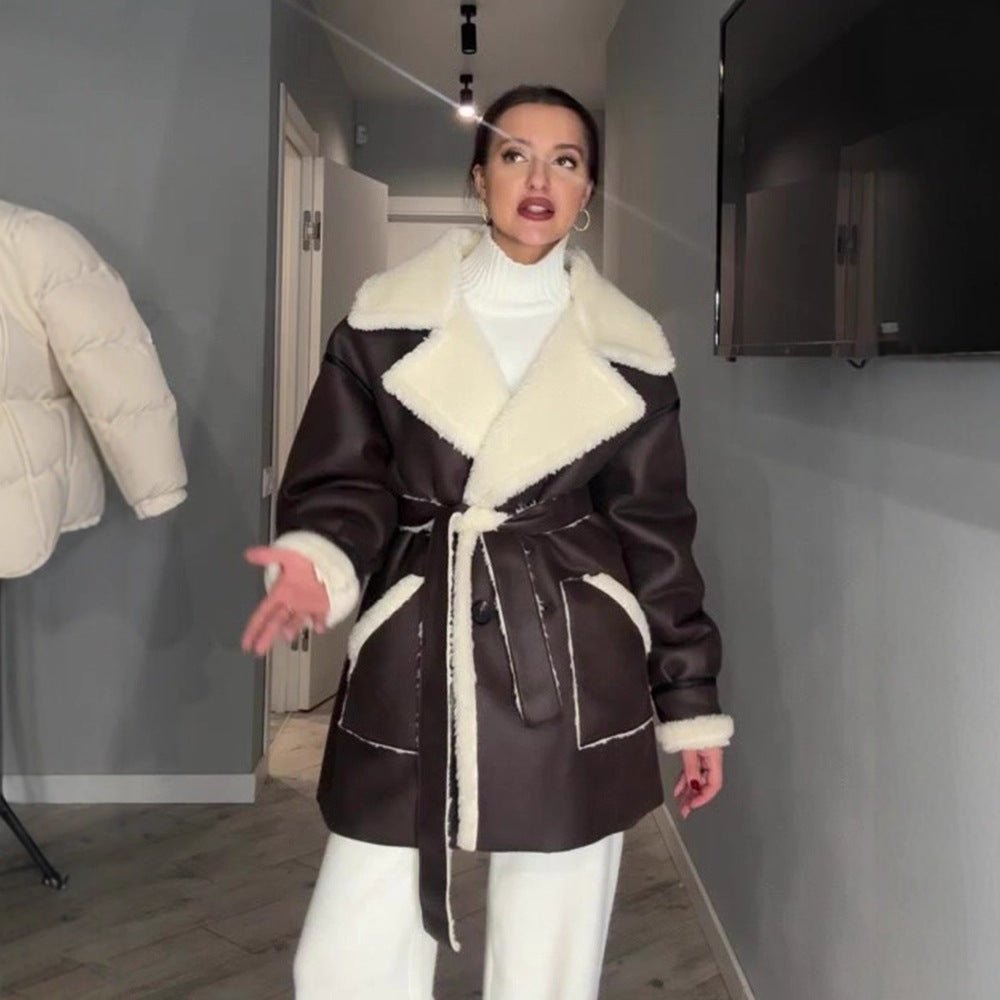 Women Oversized Sheepskin Imitation Coat with Contrasting Shawl Collar and Tied Belt Chichicherry - Chichicherry