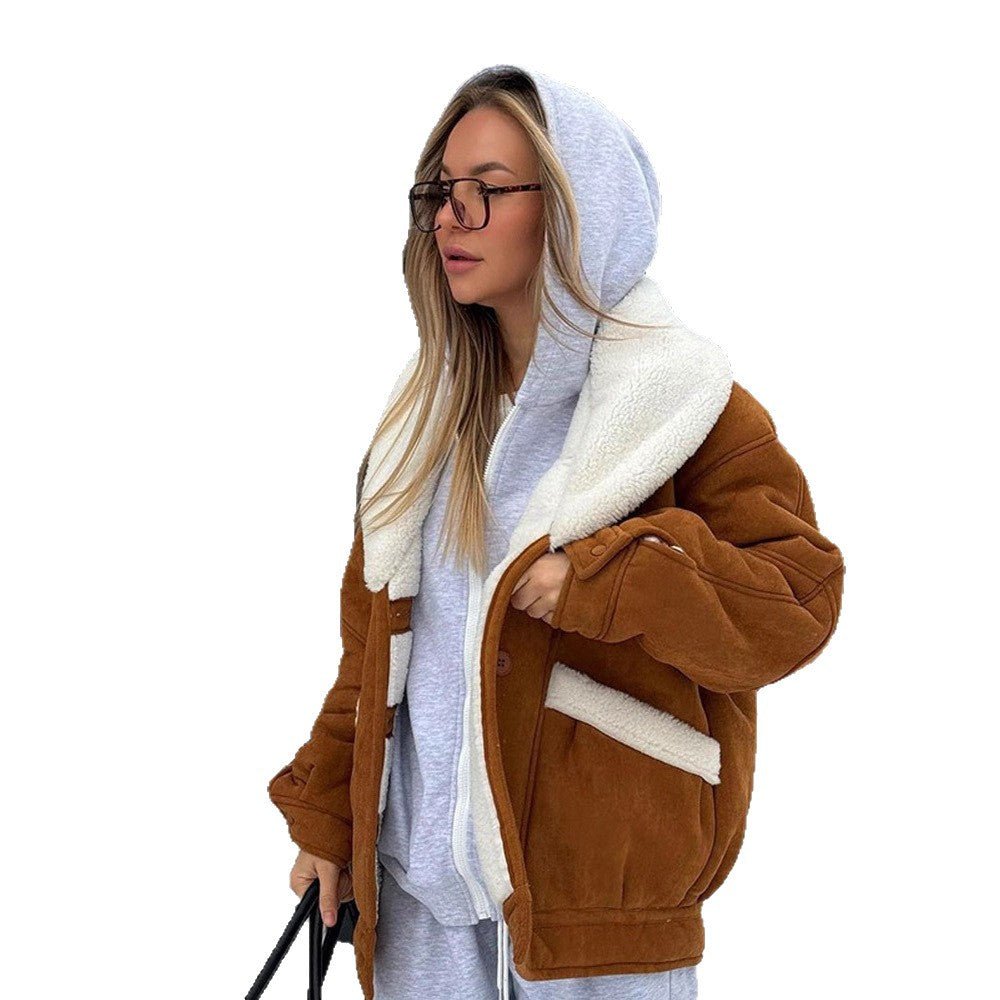 Women Oversized Sheepskin Imitation Jacket with Large Shawl Collar Chichicherry - Chichicherry
