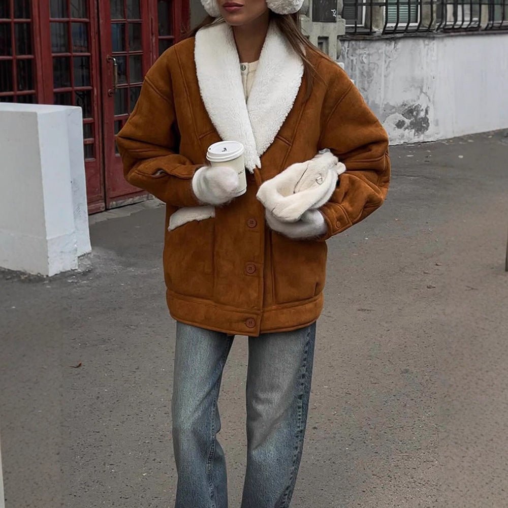 Women Oversized Sheepskin Imitation Jacket with Large Shawl Collar Chichicherry - Chichicherry