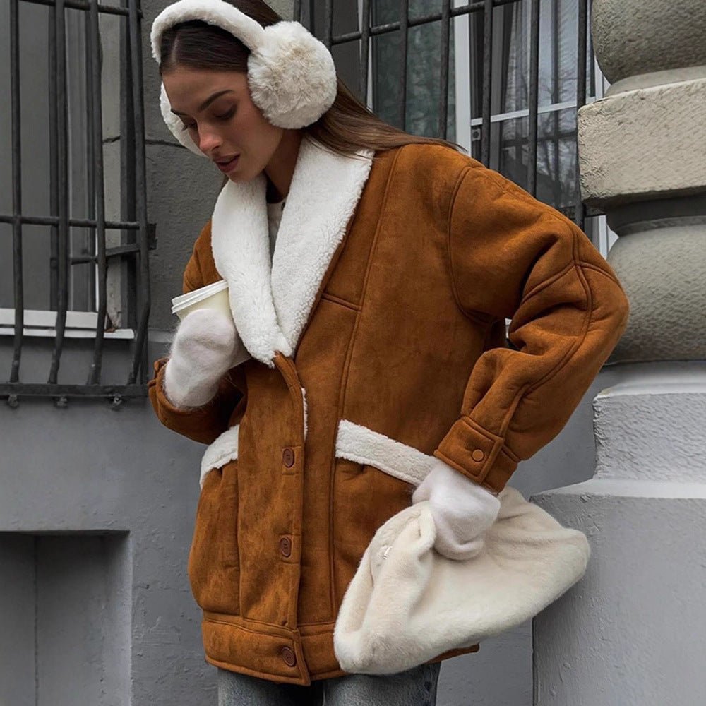 Women Oversized Sheepskin Imitation Jacket with Large Shawl Collar Chichicherry - Chichicherry