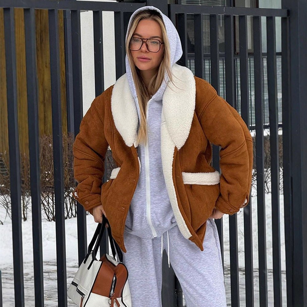 Women Oversized Sheepskin Imitation Jacket with Large Shawl Collar Chichicherry - Chichicherry