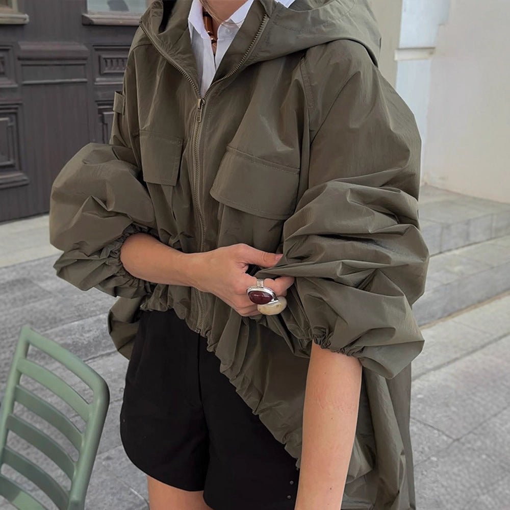 Women Oversized Utility Hooded Jacket with Drawstring, Flap Pockets and Elastic Cuffs Chichicherry - Chichicherry