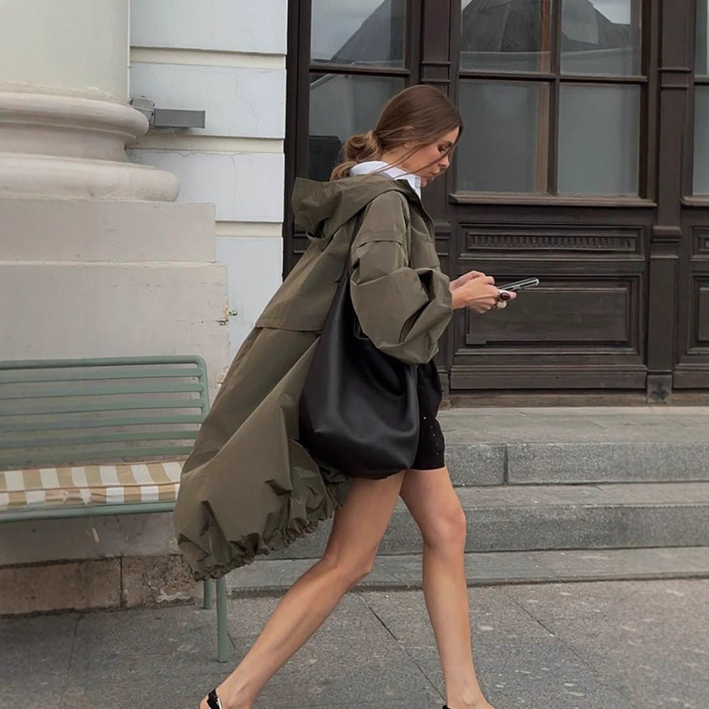 Women Oversized Utility Hooded Jacket with Drawstring, Flap Pockets and Elastic Cuffs Chichicherry - Chichicherry