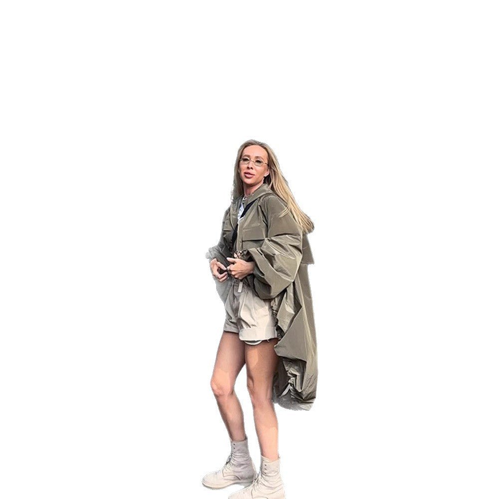 Women Oversized Utility Hooded Jacket with Drawstring, Flap Pockets and Elastic Cuffs Chichicherry - Chichicherry