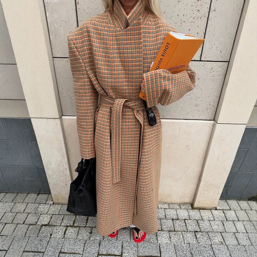 Women Oversized Wool Check Coat with Waist Belt and Emphasized Shoulder Area Chichicherry - Chichicherry