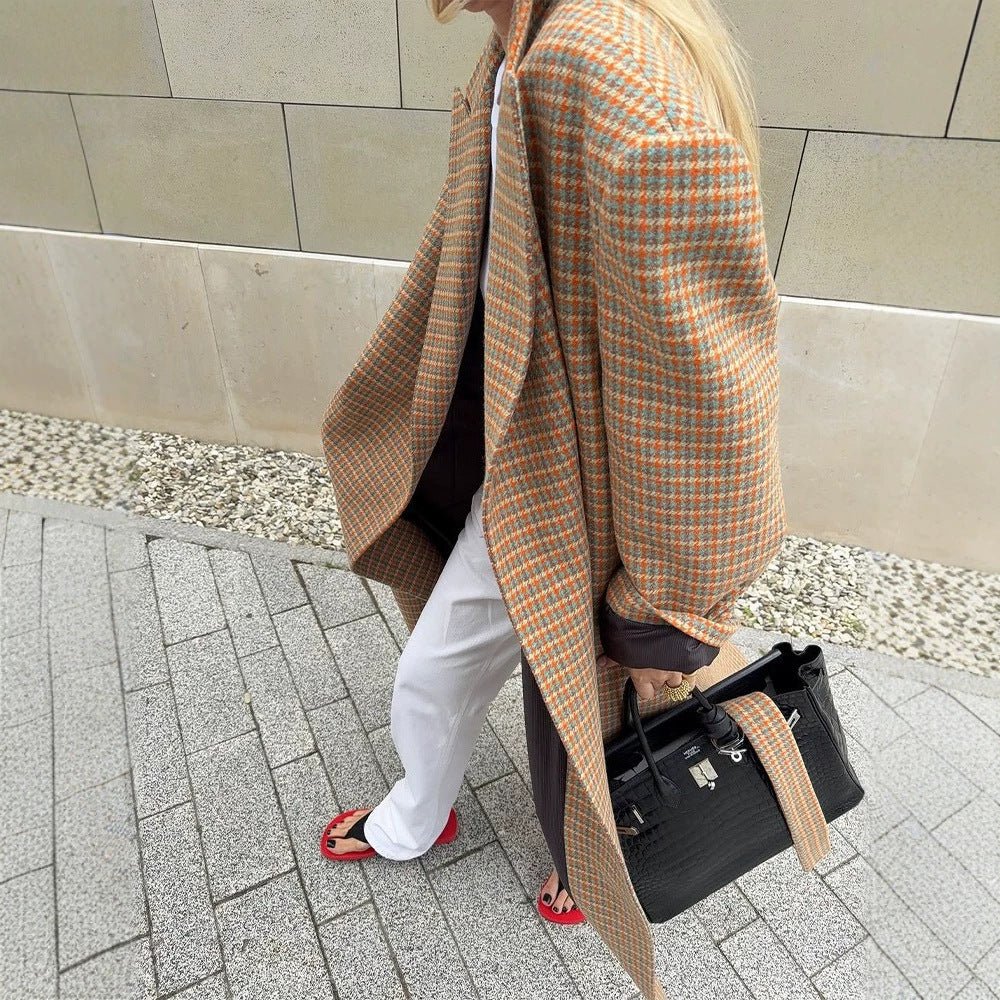 Women Oversized Wool Check Coat with Waist Belt and Emphasized Shoulder Area Chichicherry - Chichicherry