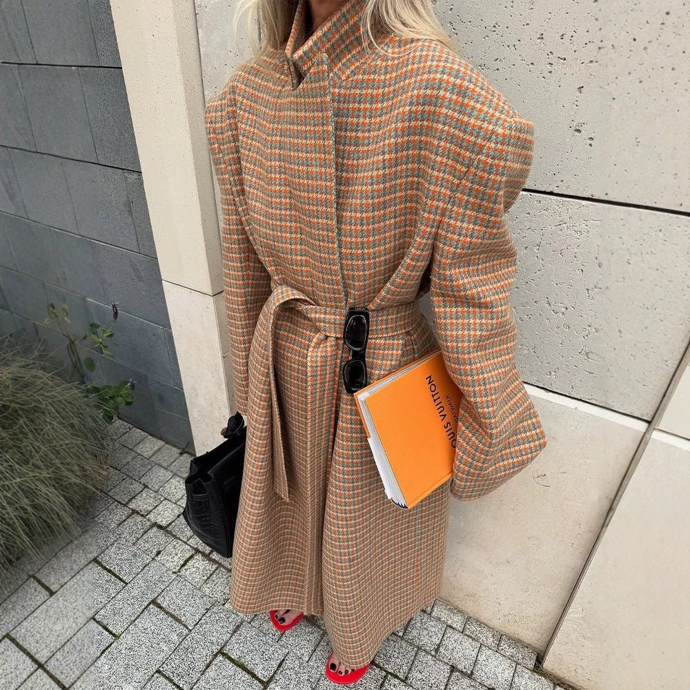 Women Oversized Wool Check Coat with Waist Belt and Emphasized Shoulder Area Chichicherry - Chichicherry