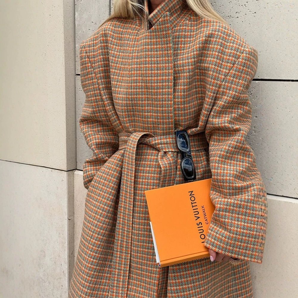 Women Oversized Wool Check Coat with Waist Belt and Emphasized Shoulder Area Chichicherry - Chichicherry