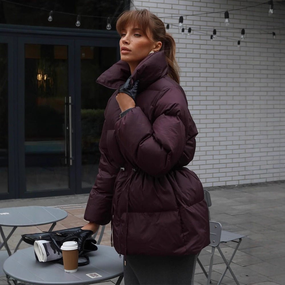 Women Padded Fitted Quilted Jacket with Drawstring & High Standing Collar Chichicherry - Chichicherry
