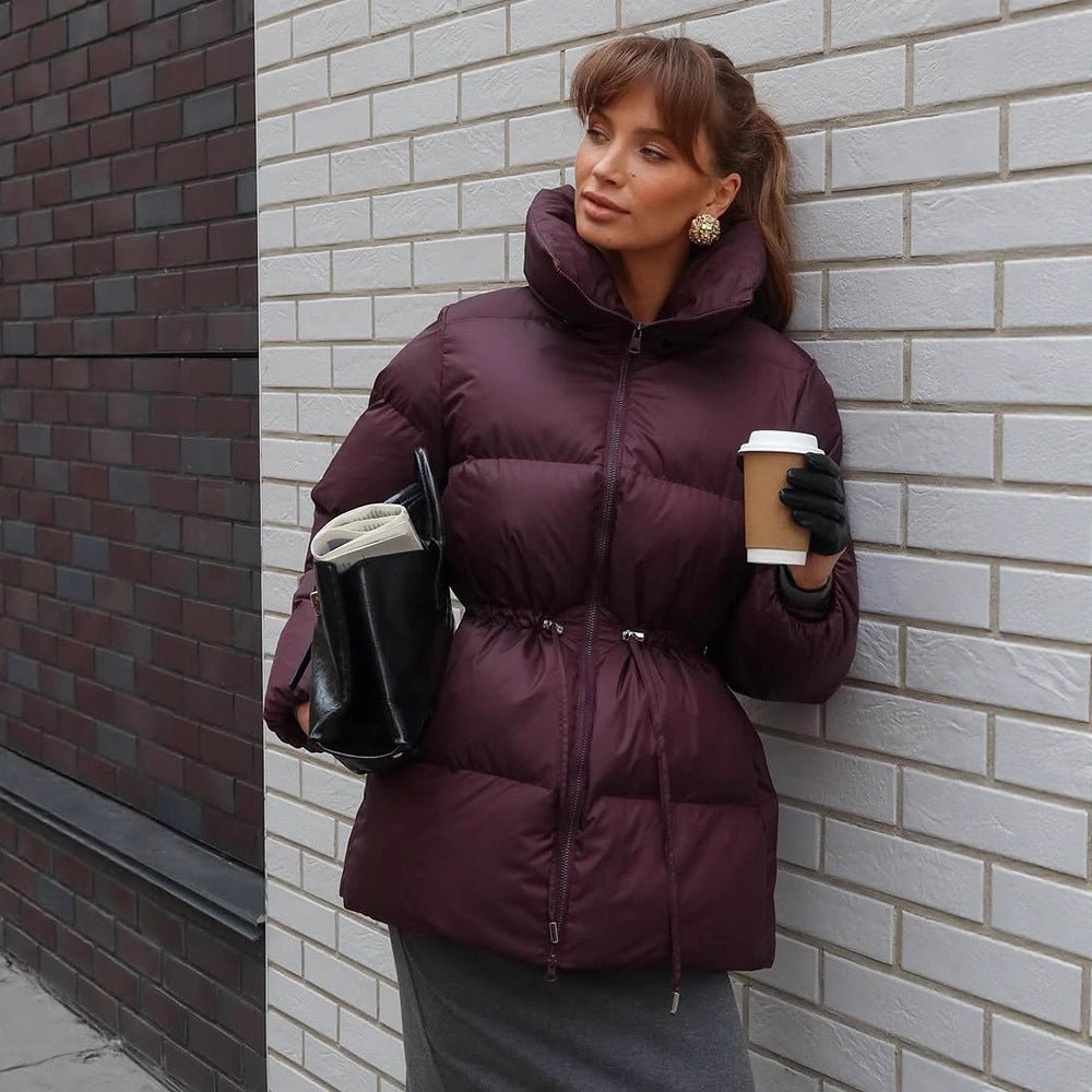 Women Padded Fitted Quilted Jacket with Drawstring & High Standing Collar Chichicherry - Chichicherry