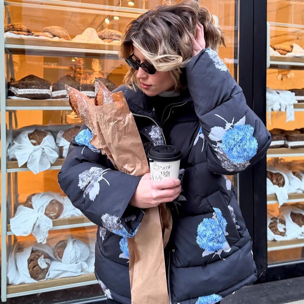 Women Padded Oversized Quilted Jacket with Floral Print and Hood Chichicherry - Chichicherry