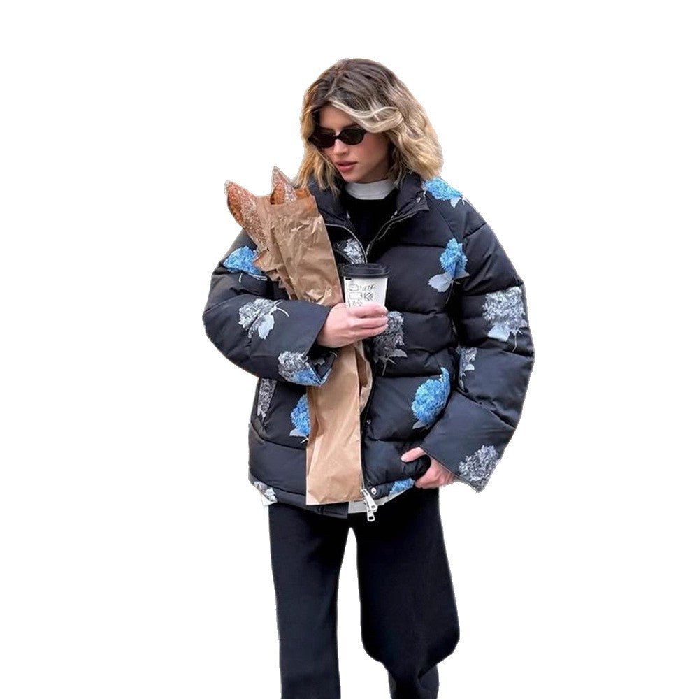 Women Padded Oversized Quilted Jacket with Floral Print and Hood Chichicherry - Chichicherry