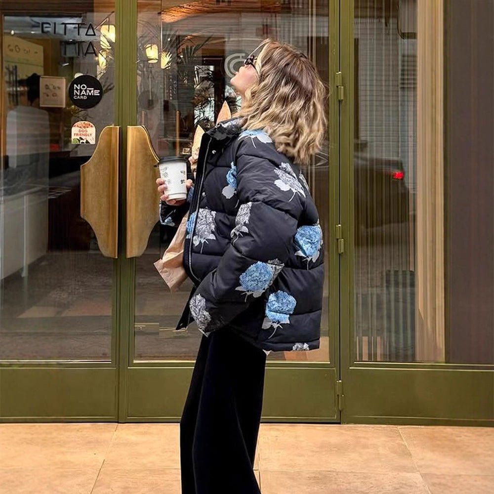 Women Padded Oversized Quilted Jacket with Floral Print and Hood Chichicherry - Chichicherry