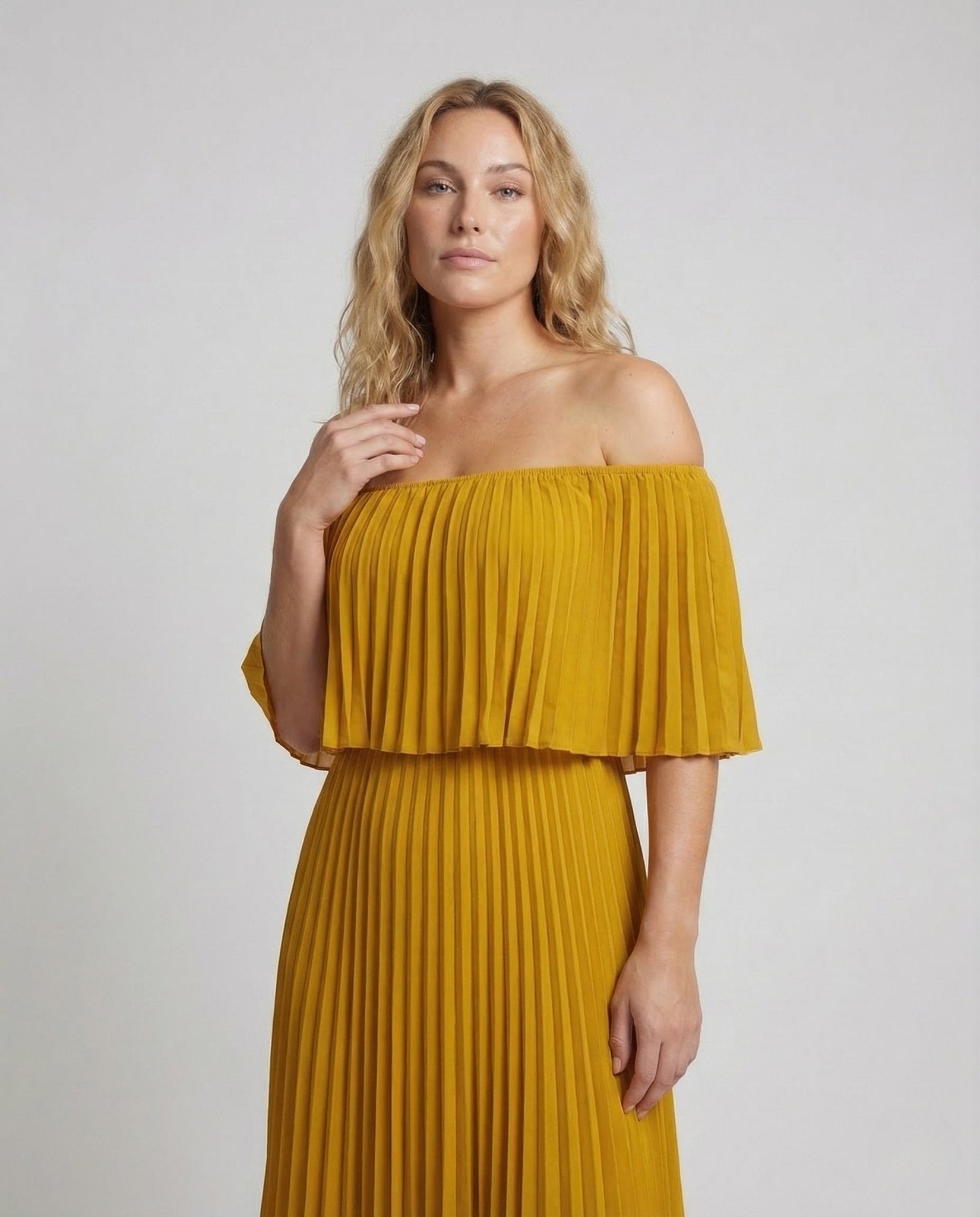 Women Pleated Maxi Dress Off - Shoulder Ruffle - Chichicherry