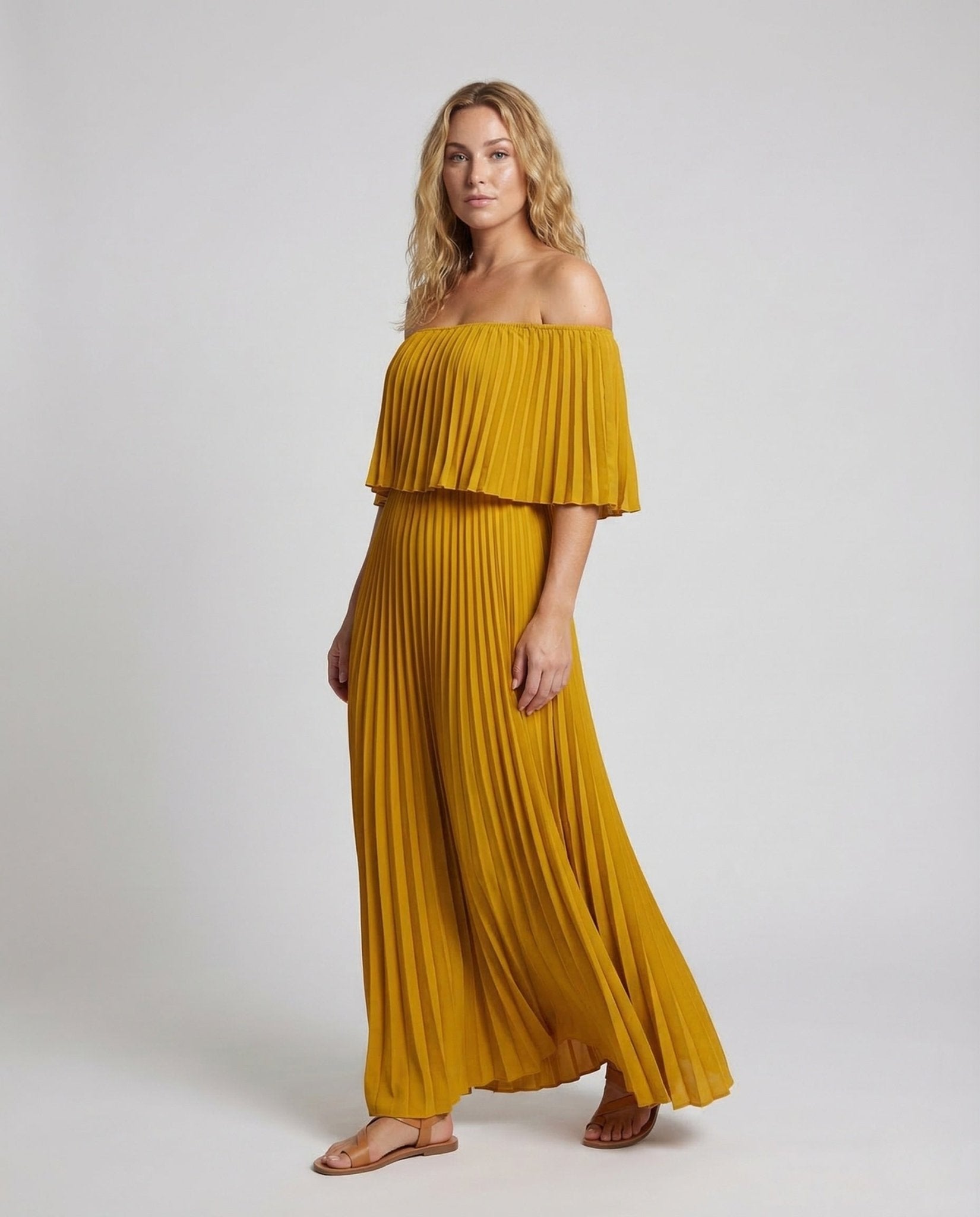 Women Pleated Maxi Dress Off - Shoulder Ruffle - Chichicherry