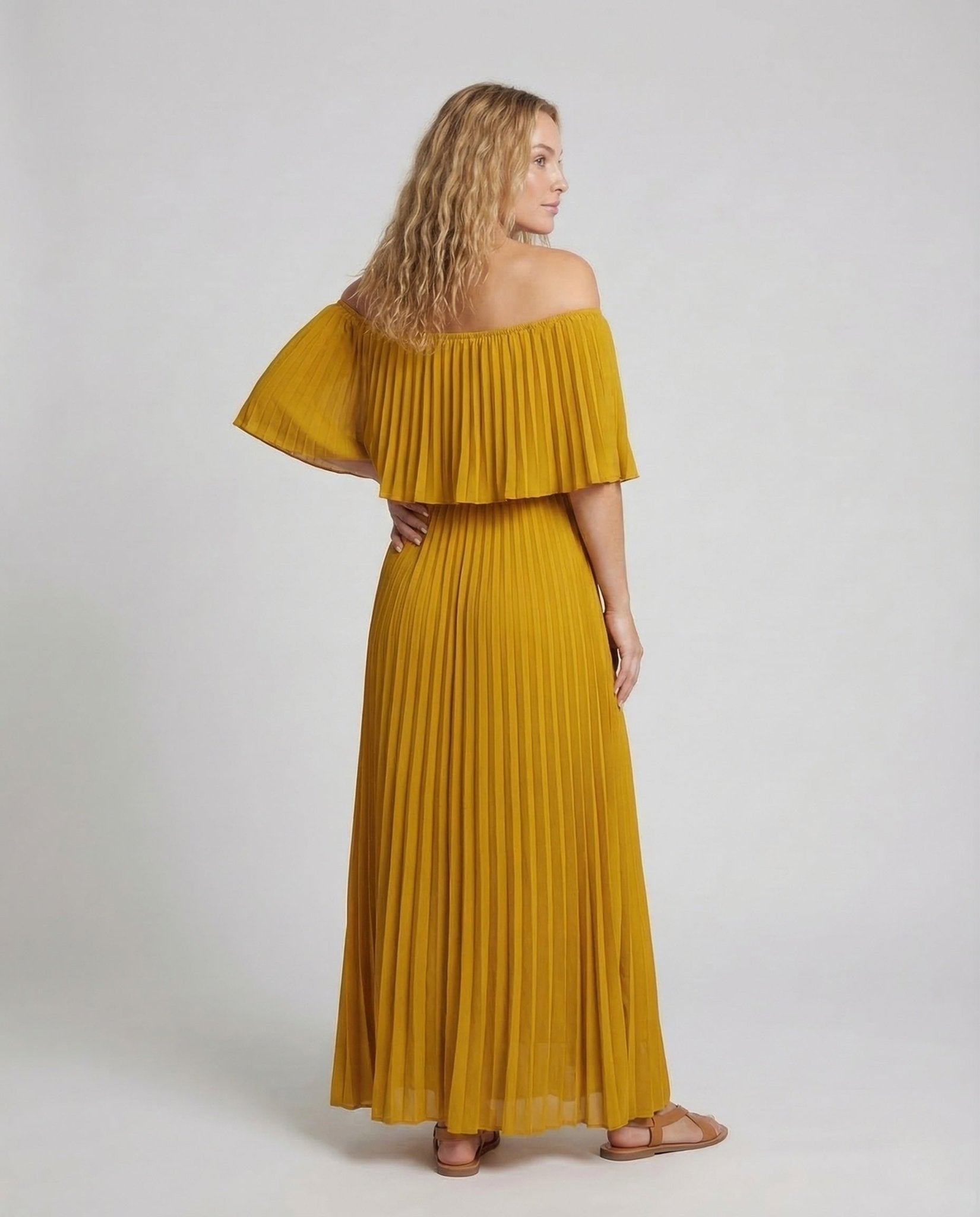 Women Pleated Maxi Dress Off - Shoulder Ruffle - Chichicherry