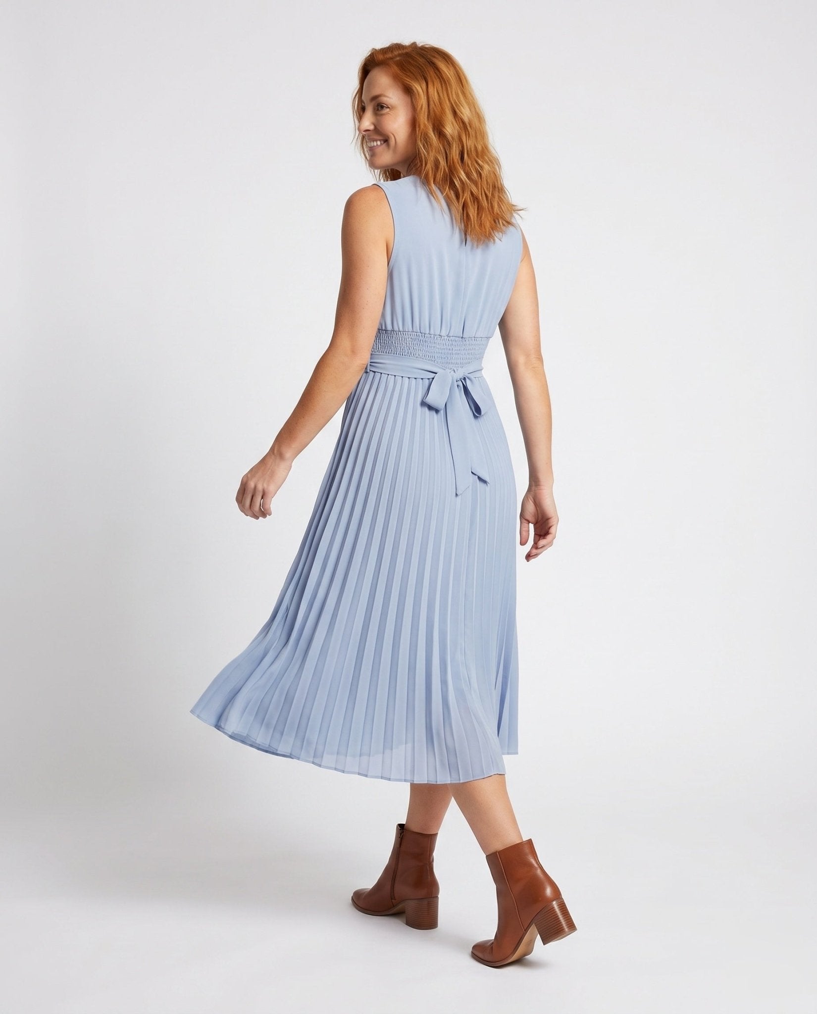 Women Pleated Maxi Dress with Wrap Top and Elegant Waist Tie - Chichicherry