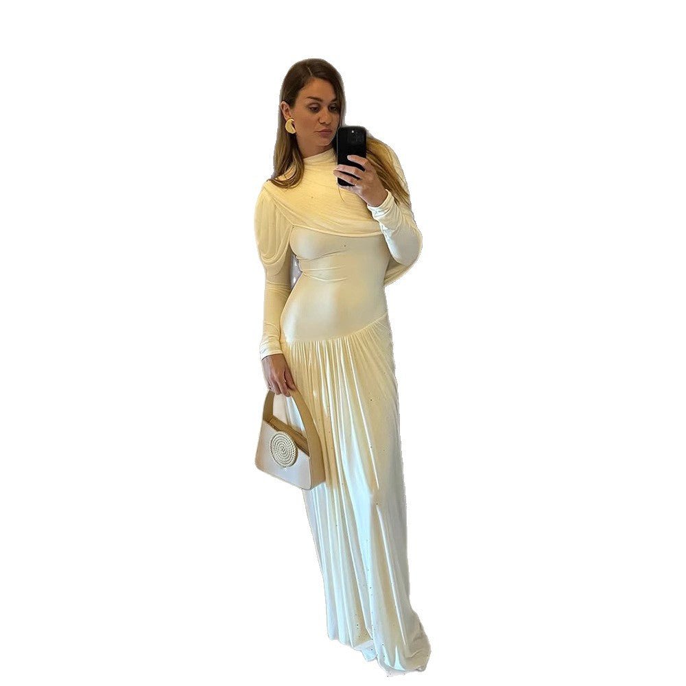 Women Pleated Maxi Evening Dress with Draped Shoulders and Long Sleeves Chichicherry - Chichicherry