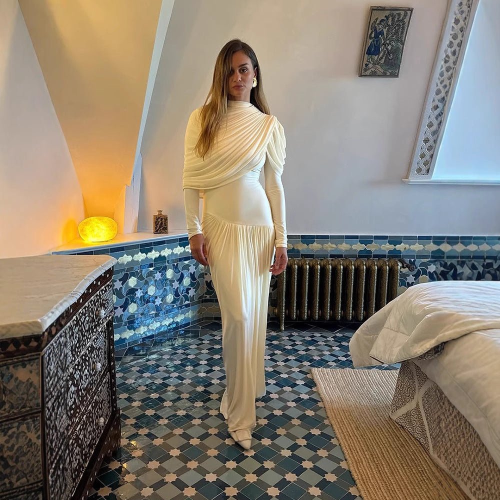 Women Pleated Maxi Evening Dress with Draped Shoulders and Long Sleeves Chichicherry - Chichicherry