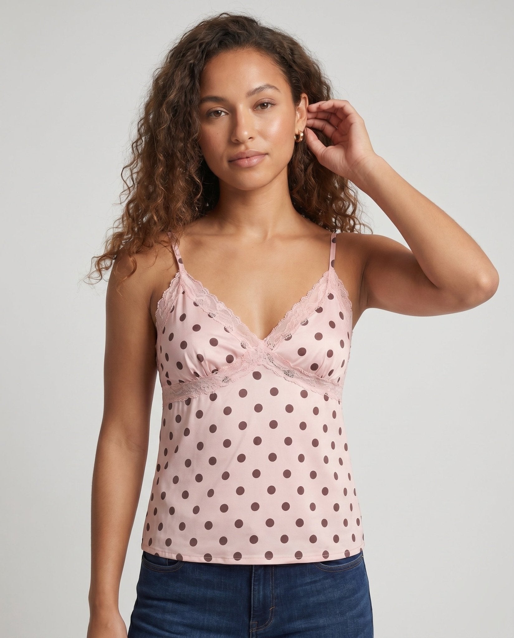 Women Polka-Dot Spaghetti-Strap Top with Lace Trim - Chichicherry