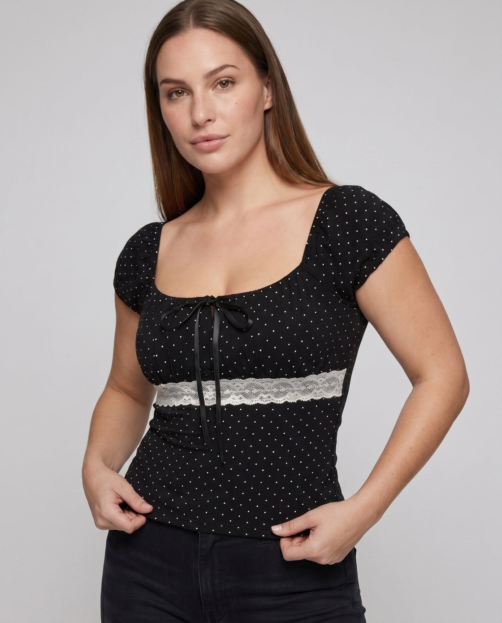 Women polka dot top with romantic ruffle detail and lacing - Chichicherry