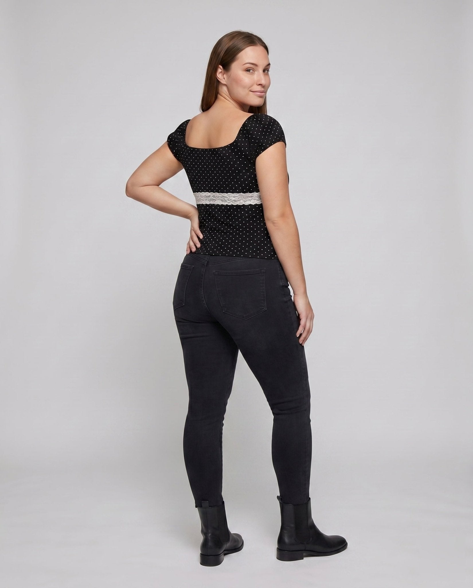 Women polka dot top with romantic ruffle detail and lacing - Chichicherry