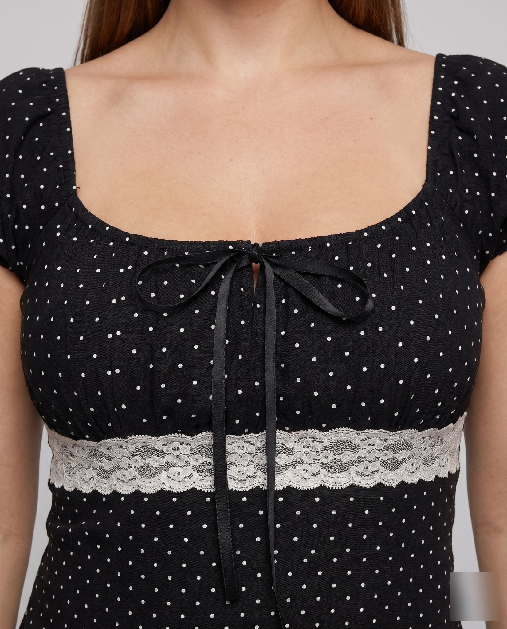 Women polka dot top with romantic ruffle detail and lacing - Chichicherry