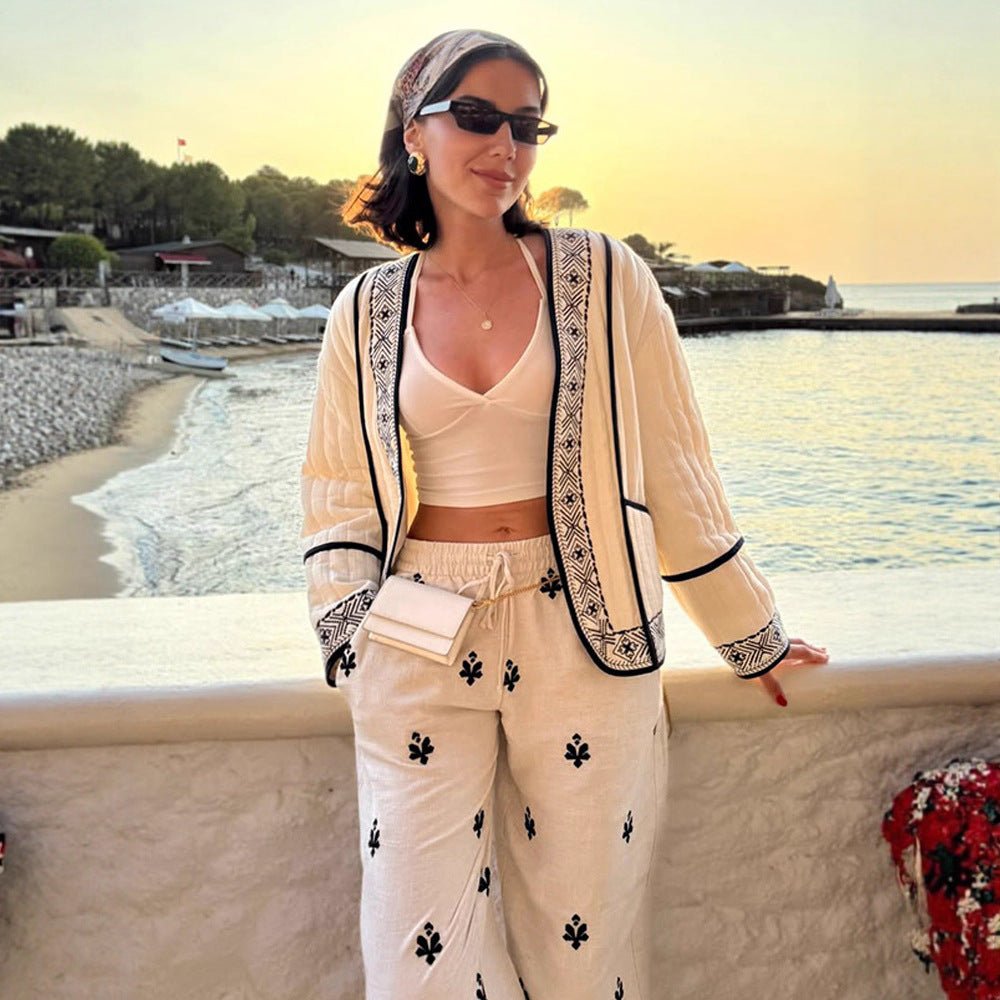 Women Quilted Kimono Cardigan with Geometric Embroidery Chichicherry - Chichicherry