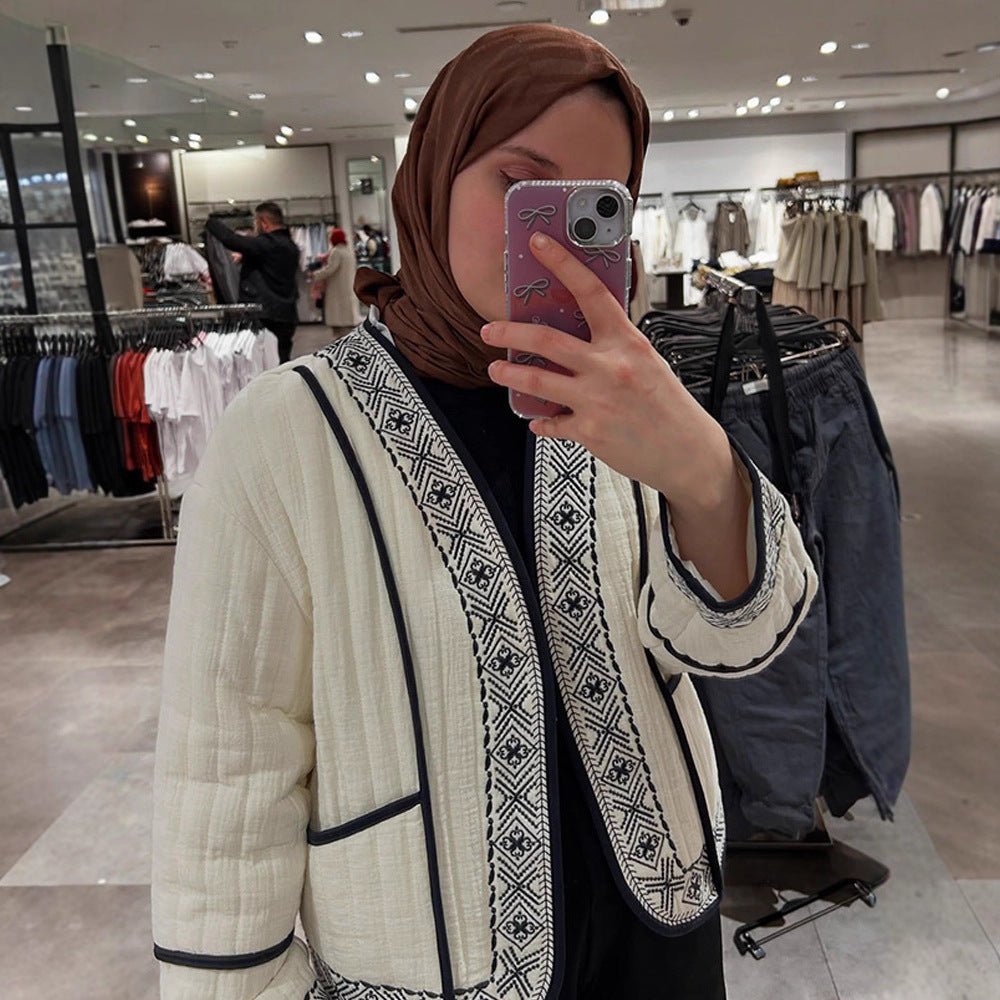 Women Quilted Kimono Cardigan with Geometric Embroidery Chichicherry - Chichicherry