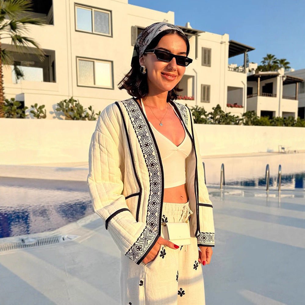 Women Quilted Kimono Cardigan with Geometric Embroidery Chichicherry - Chichicherry