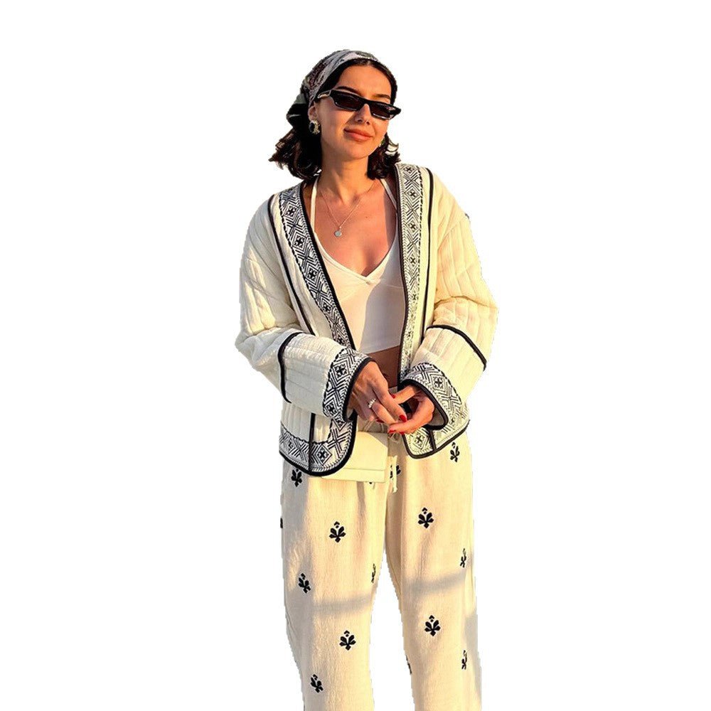 Women Quilted Kimono Cardigan with Geometric Embroidery Chichicherry - Chichicherry