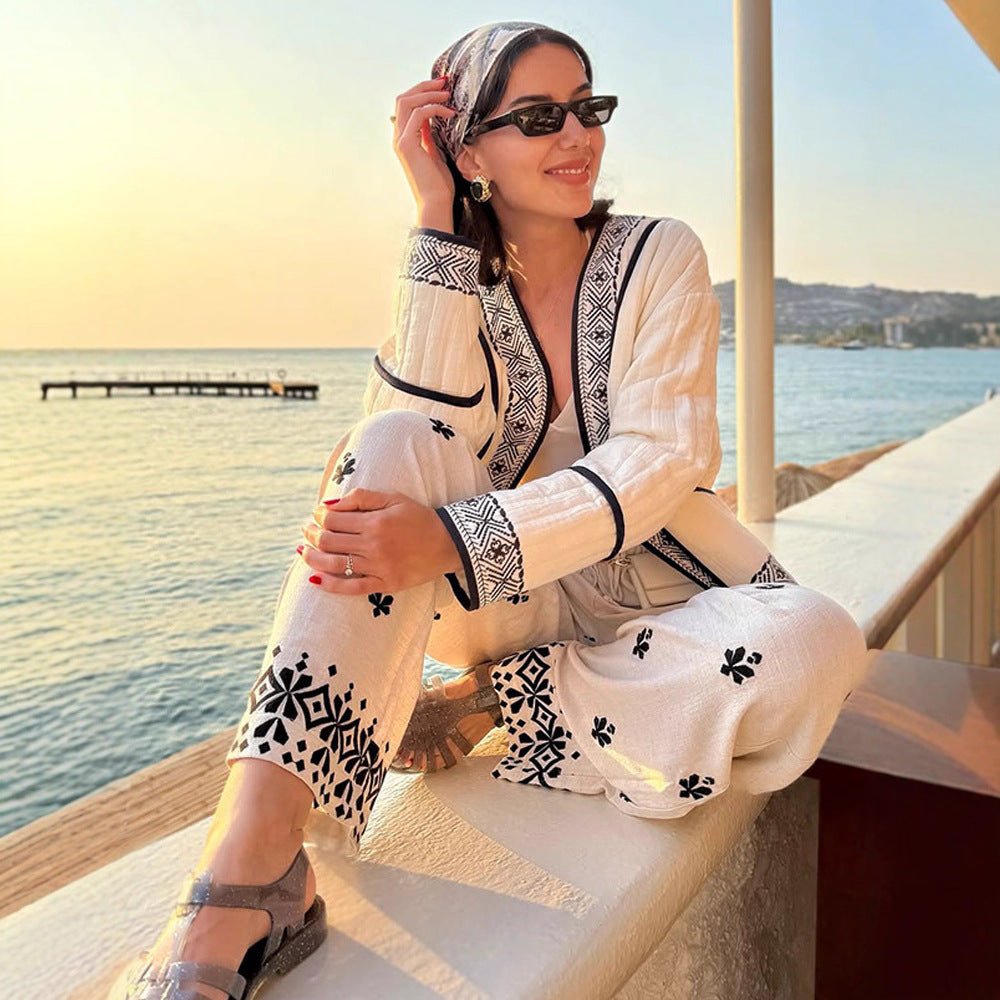 Women Quilted Kimono Cardigan with Geometric Embroidery Chichicherry - Chichicherry