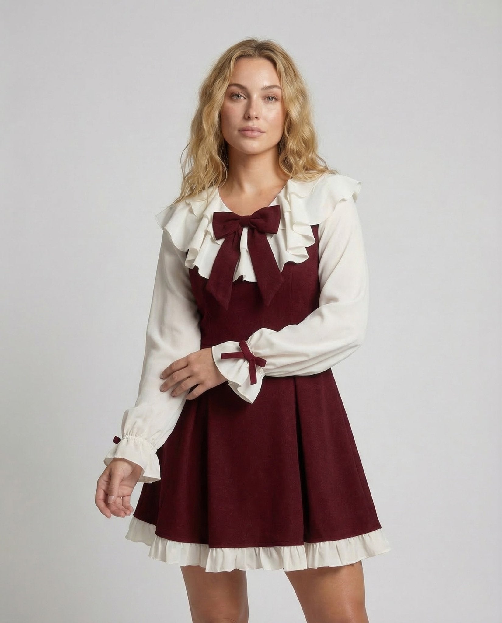 Women Retro Mini Dress Ruffle Collar - Chichicherry