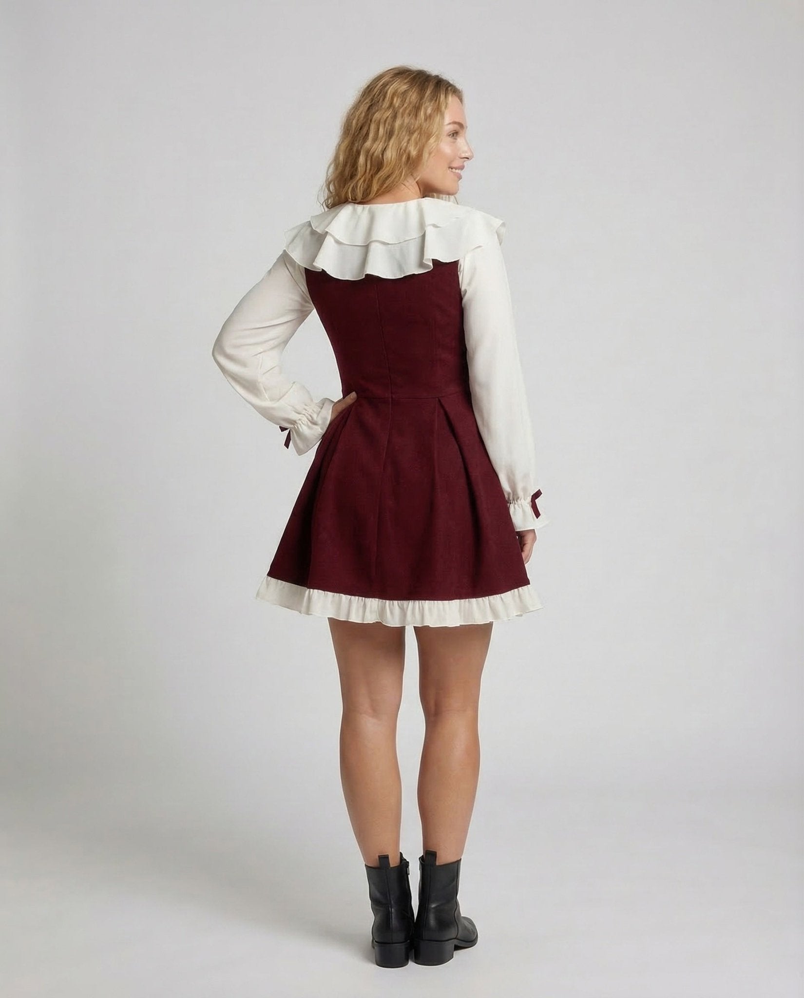 Women Retro Mini Dress Ruffle Collar - Chichicherry